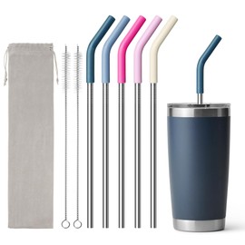 Diumepo 20 oz Straw for YETI Tumbler, Metal Straight Straws Reusable with Silicone Tip for 16/20 oz Glass Tumbler, Cleaning Brush, 1 Portable Bag