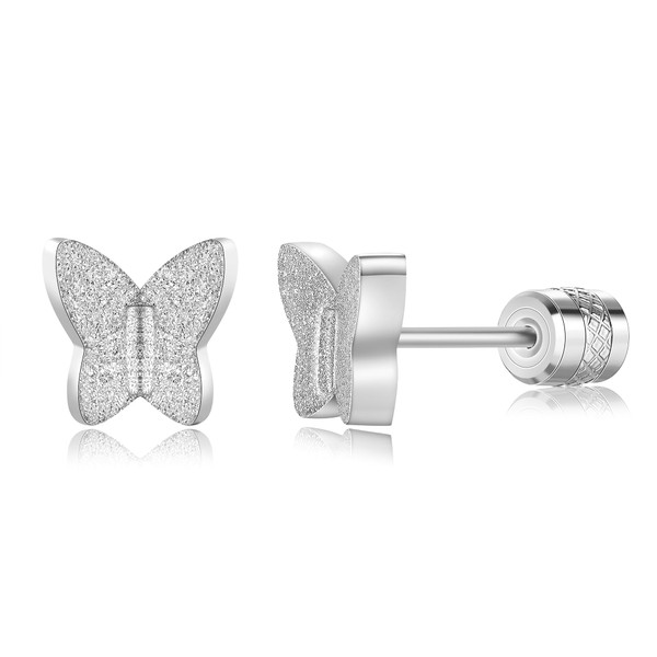Titanium White Butterfly Screw Back Earrings for Women Surgical Stainless