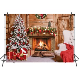 LTLYH 7x5ft Christmas Fireplace Photo Backdrop Rustic Fireplace Wooden House Backdrop Christmas Tree Photo Backdrop Xmas Eve Family Party Decorations Photo Photography Background 111