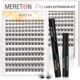 DIY Eyelash Extensions Kit,Lash Clusters Tweezer, Cluster Lashes Bond And Seal, Clusters Lash Glue Remover Easy To Apply DIY Lash Extensions at Home D Curl 8-16mm Mix By MERETON (MRT02)