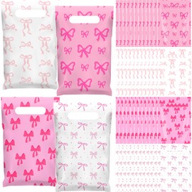Geyoga 48 Pcs Christmas Pink Bow Goodie Bags Bulk Plastic Bow Gift Bags for Candy Pink Coquette Party Favors for Birthday Party Themed Events