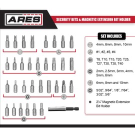 ARES 70009 - 33-Piece Security Bit Set with Magnetic Extension Bit Holder - Includes Tamper Resistant, SAE Hex, Metric Hex and Star Bits - Torq, Spanner, and Triwing Complete the Anti Tamper Bit Set