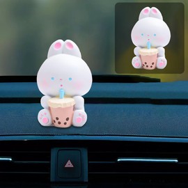 Car Dashboard Rabbit Ornament, Resin Auto Center Console Decor, Room Decorative Desktop Decoration, Car Interior Decor Ornament Accessories for Women Funny Presents (Milk Tea Rabbit)