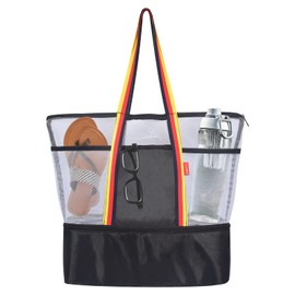 Beach Bag Waterproof Women's Large Mesh Beach Bag Durable Carry Bag with Zip Insulated Beach Bag Sports Bag with 9 Compartments Packable Swimming Pool Bag with Wet Bag, black