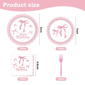 YQWIN 80Pcs Pink Bow Party Supplies Bow Plates Napkins Forks Coquette Birthday Decorations Disposable Dinnerware for Bowknot Birthday, Baby Shower Bachelorette Bridal Shower Girl’s Theme Party Decor