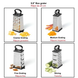 Starfrit Stainless Boxed Graters - Set of 2-9.8'' with Removable Base Cover and Corner Cut-Outs and 7.3" with Zester and Non-Skid Base - Coarse, Medium and Fine Grating
