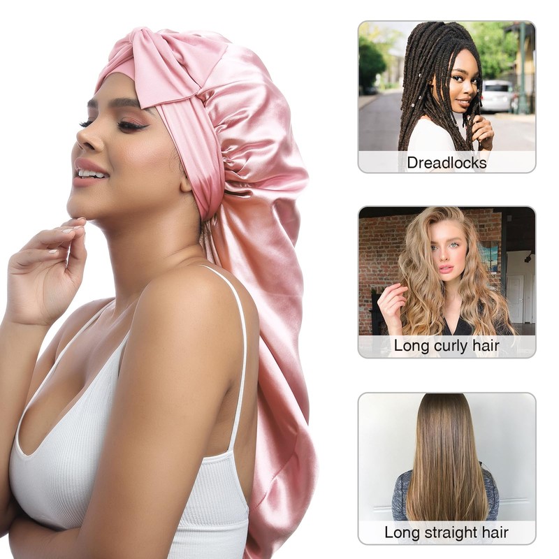 AWAYTR Long Satin Bonnet for Women - Double Layer Elastic