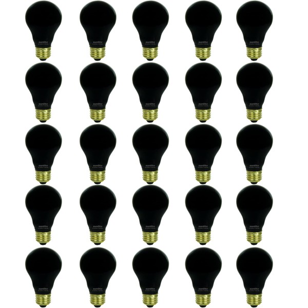 Sunlite 41743 Incandescent A19 Black Light Bulb, 75 Watts, E26 Medium Base, Dimmable, Party Decoration lamp, Holiday Lighting, Household Lighting, Mercury Free, Black, 25 Count