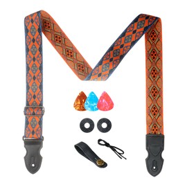 AZOR Guitar Strap with Pick Pocket for Acoustic Electric Guitar Bass, Vintage Woven Guitar Strap Adijustable,Genuine Leather Ends,with Strap Button 1 Pair Strap Locks and 3 Guitar Picks(21047)