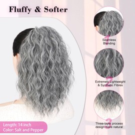 QGZ Ponytail Extension,Drawstring Ponytail for Women 14 Inch Synthetic short Curly Wavy Lightweight Layered Pony Tails Hair Extensions Clip in Ponytail Hairpiece for Women(salt and pepper)
