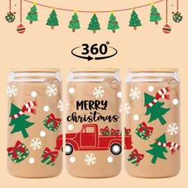 Lovearth Christmas Glass Cup with Lid & Straw, Christmas Tumbler, 16oz Iced Coffee Cup, Preppy Christmas Gifts, Xmas, Cute Christmas Gifts for Women, Men, Teens, Holiday Gifts, Christmas Decorations