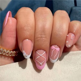 Short Almond Press on Nails French Fake Nails Cute False Nails Glitter Artificial Nails with Pink Bow Designs Acrylic Nails Press ons Pearl Stick on Nails for Women 24pcs