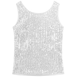 Noomelfish Girls Sequin Tank Tops Sparkly Glitter Dance Sleeveless Shirt, Silver White, Size 9-10 Years