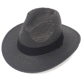 Unisex Straw Panama Fedora Hats Wide Brim Sun Beach Hat UPF 50+, Foldable & Lightweight (Black-M)