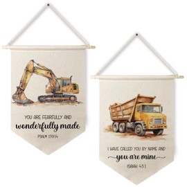 Qpenm Construction Decor for Boys Room, Construction Bible Verses Wall Hanging Canvas Banner, Christian Nursery Hanging Pennant Flag Posters Prints for Toddler Little Boys Kids Room Decor, Set of 2