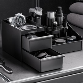 DancesCat Large Black Cologne Organizer for Men, Bathroom Cologne Stand With Drawers for Deodorant, Beard, Shaving Lotion, Perfume&Skincare, Vanity Organizer for Bathroom&Bedroom Storage (Black)