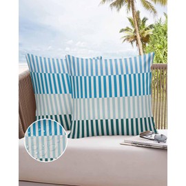 Outdoor Waterproof Throw Pillow Covers Set of 2 Stripes Lines Decorative Pillowcases Square Outdoor Pillows Cushion Case 18x18 Inch Teal Blue Green Striped Patio Pillows for Couch Sofa Bed Garden