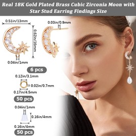 CREATCABIN 6Pcs Moon Star Stud Earring Findings Antique Ear Stud Earrings 18K Gold Plated Brass Zirconia Earring Posts with Loops Jump Rings Ear Nuts for DIY Earring Jewelry Making Supplies 16x13mm