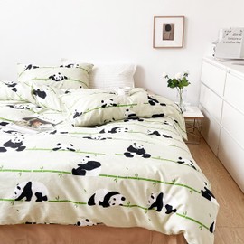 MEJU CutePanda Playing Bamboo Cartoon Duvet Cover Set 100% Cotton Bedding Set Reversible 3pcs Comforter Cover Set for Kids Boys Girls Teens Bed Decoration Gift Full Queen 90" X 90"