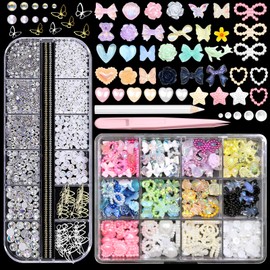 BELICEY 3D Nail Charms Set Colorful Assorted Bow Flower Butterfly Charms for Nails Acrylic Flatback Pearls Starry AB Crystals Rhinestones for DIY Nail Art Supplies Accessories with Tweezer Picker Pen