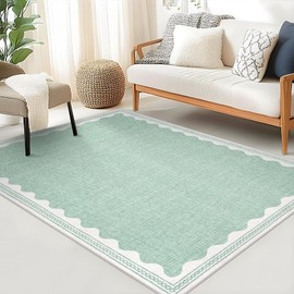 CAREMEE Scalloped 3x5 Rugs for Entryway, Small Area Rug Solid Green Rug for Bedroom Girls, 3x5 Washable Rugs for Living Room, Non Slip Scalloped Bath Mat, Soft Dorm Nursery Carpet for Bedside
