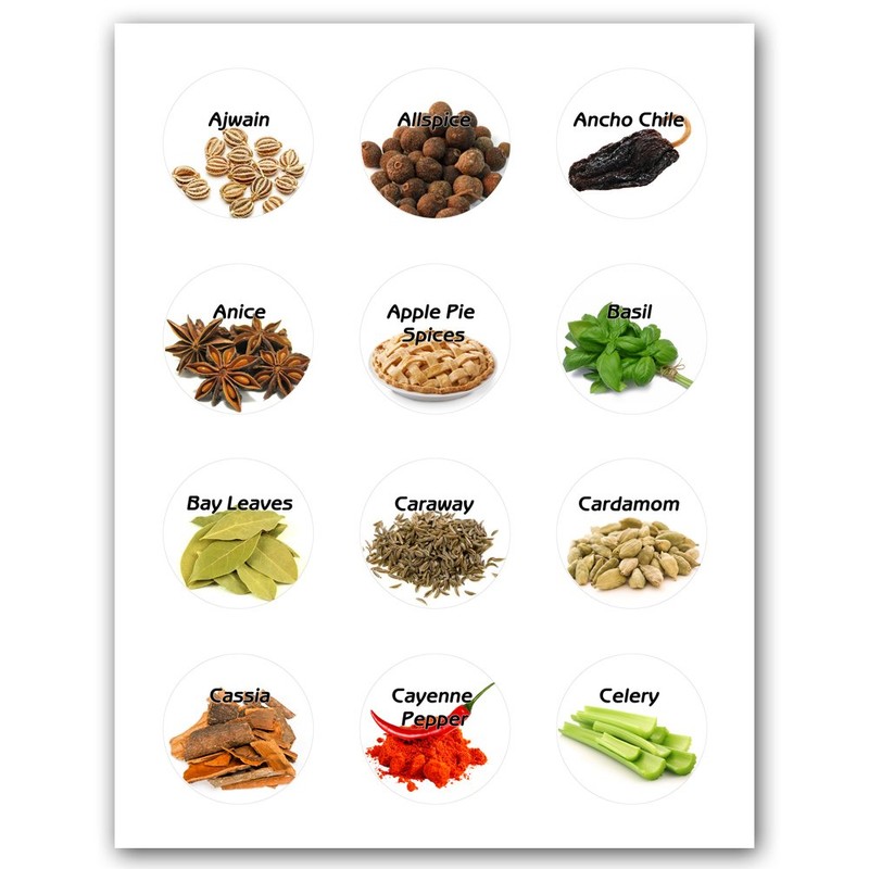 60 Spices Round Circle Jar Bottle Illustrated Stickers Labels