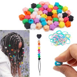 50pcs Silicone Hair Beads for Kids Girls Braids，5mm Star Washable Hair Beads，1 Quick Beader for Hair Braid, 50 Elastic Rubber Bands