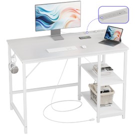 JOISCOPE 40 x 24 Inch Small Gaming Computer Desk with USB & Type-C Outlet, Home Office Desk with Storage Shelves for Bedroom, Modern Simple Home Office, Writing Table, White
