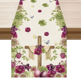 BOTB LIHM Easter Cross Eggs Purple Flowers Leaves Butterfly Cloth Table Runner Burlap Table Decoration for Spring Home Kitchen Dining Dinner Indoor Holiday Farmhouse Decor 13x48 Inch