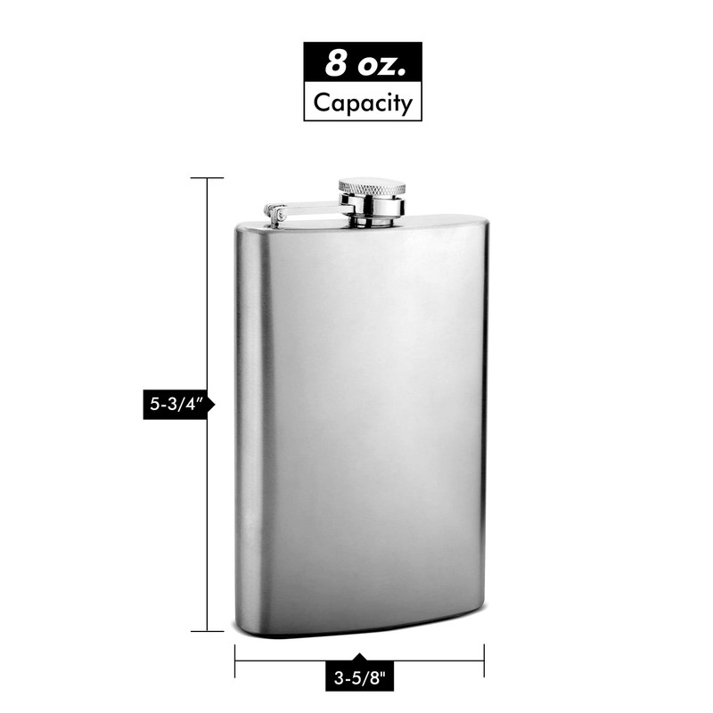 Hip Flask Holding 8 oz - Pocket Size, Stainless Steel,