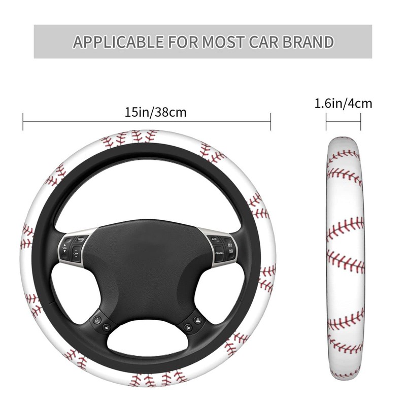 White Baseball Red Lace Steering Wheel Cover, Non Slip Durable