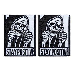 2Pcs Small Thumbs Up Stay Positive Skull Patch, DIY Decorative Iron On Patch Sticker Accessories for Clothes Jacket Bags Jeans Backpacks
