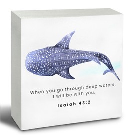 Christian Signs for Home Decor, Ocean Whale Isaiah 43:2 Bible Verse Wooden Box Sign, Christian Desk Decor, Christian Wood Signs for Home Office Desk Shelf Table Decor, 5x5 Inch