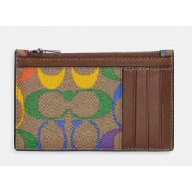 Coach Zip Card Case Wallet In Rainbow Signature Canvas Leather Khaki Pride🏳️‍🌈