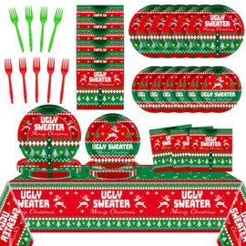 98 Pcs Christmas Ugly Sweater Party Supplies Tacky Sweater Party Plates Tablecloth Xmas Party Decorations for Christmas Holiday Tableware Set Paper Plates Napkins Forks for 24 Guests