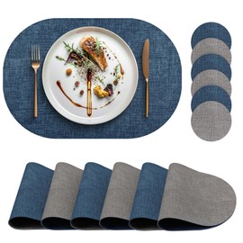yuuzue Faux Leather Placemats Set of 6 with Matching Coasters, Dual Sided Oval Placemats, Waterproof Wipeable Heat Resistant Place Mats, Non-Slip PU Table Placemats for Dining Table Kitchen Parties