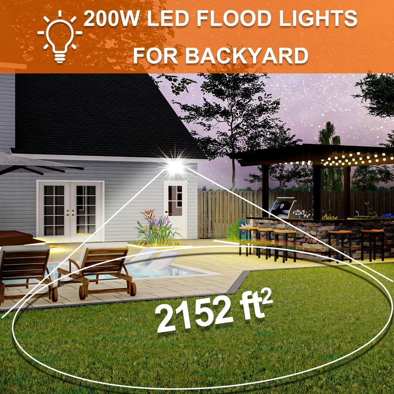 XXBSAZ 2 Pack 200W LED Flood Lights Outdoor, 25,000LM Plug-in