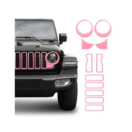 SQQP Front Grill Insert+Headlight Turn Light Cover Compatible with 2024-2025 Jeep Wrangler JL JLU & Gladiator JT Exterior Accessories,Not Fit for JL Sport & Sports (Pink)