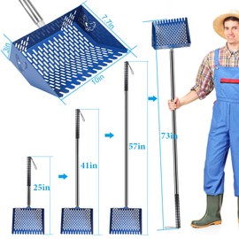 Kalekey Heavy Duty Chicken Coop Rake and Scoop, 15 Inch Extra Large Chicken Coop Rake with Adjustable Stainless Steel Handle (25 to 73 Inch)，Metal Multi-Use Cleaning Shovel for Coops, Beach（Blue）