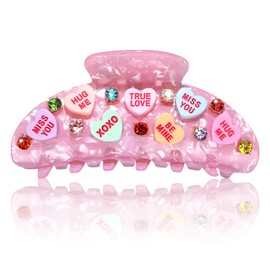 BVGA Valentines Hair Claw Clip for Women Large Oval Light Pink Embellished Crystal Candy Heart Acetate Claw Hair Clips Valentines Hair Accessories Gfits for Her