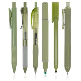 Dacono Pack of 6 Gel Pens Coloured Highlighter Writing Set, Aesthetic Retractable Black Ink Gel Pens with 1 Highlighter, Green Grape Style - Ballpoint Pen 0.5 mm for Students, Journaling