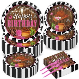 gisgfim 200Pcs Cowgirl Birthday Plates Party Decorations Western Cowgirl Plates and Napkins Party Supplies Pink Cow Western Plates Girl Rodeo Tableware Set Disposable Forks Kids Table Decor Serves 50