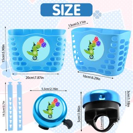 LUKIUP Children's Bicycle Basket, Dinosaur Handlebar Basket, Boy, Braided Shopping Basket, Balance Bike Handlebar Bag, Removable Bicycle Basket with Streamers Bicycle Bell Sticker (Blue)