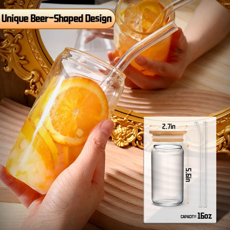Glass Cups with Lids and Straws 6pcs, 16oz-DWTS Cute Tumber,Beer