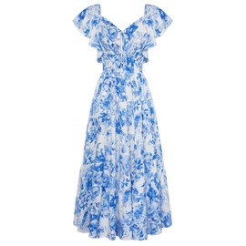 GRACE KARIN Womens 2025 Floral White Blue Flower Summer V-Neck Ruffle Sleeve Empire Waist A-Line Casual Maxi Tiered Dress with Pockets L