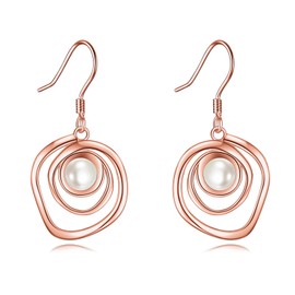 POPLYKE Freshwater Pearl Rose Gold Dangle Earrings Sterling Silver Pearl Earrings Dangle for Women Pearl Hook Earrings Rose Gold Jewelry Birthday Gifts