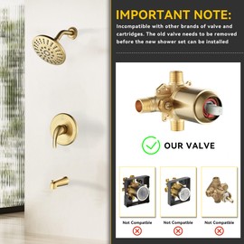 Shower Tub Faucet Sets Complete with Diverter, 5 Spray Settings, 6-Inch Bathtub Waterfall Handle Combo, 2.5 GPM High-Pressure Rain Shower Head System, Brushed Gold