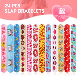 Amyang Valentines Day Gifts For Kids, 24Pcs Valentines Day Slap Bracelet With 24pcs Cards, Valentines Day Cards For Kids Classroom, Fidget Toys Bulk For Class Gift Exchange, School Game Prizes