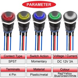 MKBKLLJY Pack of 5 12 mm LED Push Button Switch Black Housing with Pre-Wiring IP65 Waterproof Push Button Switch SPST 2Position ON Off Red/Yellow/Blue/Green/White LED for Car, Boat, Truck