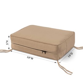 Covers & All Square Cushion Cover with Insert, Weather UV Resistant Water Repellent, Patio Indoor Outdoor Chairs Seats Slipcovers, with Zipper Corner Ties (19" L x 19" W x 5" H, Beige)